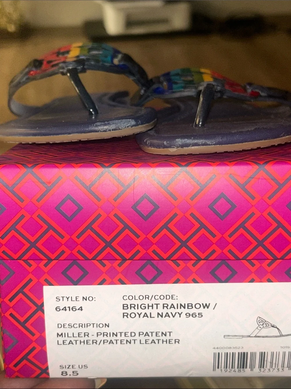 Tory Burch Navy Leather Sandals with Rainbow Logo Medallions 8.5